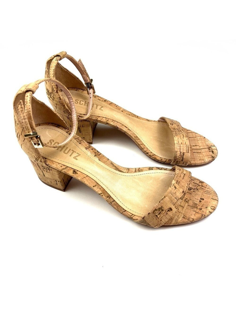 New Schutz Chimes Ankle Strap Block Heel Cork Sandals size 8.5 - Picture 2 of 8